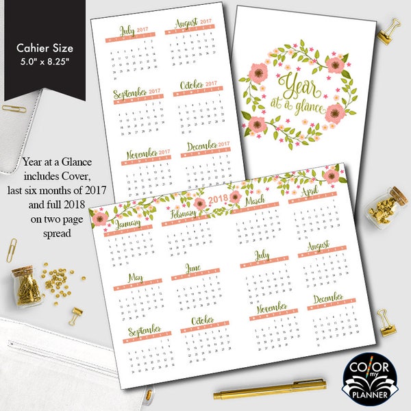 Cahier size Year at a glance printable insert, 2017 and 2018 Planner Insert.  CMP-235.3