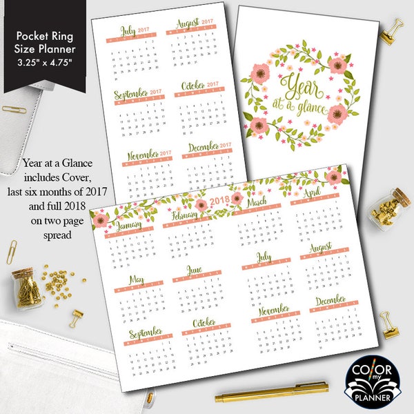 Personal size TN Year auf einen Blick Printable Insert, 2017 und 2018 Planner Insert. CMP-235,9