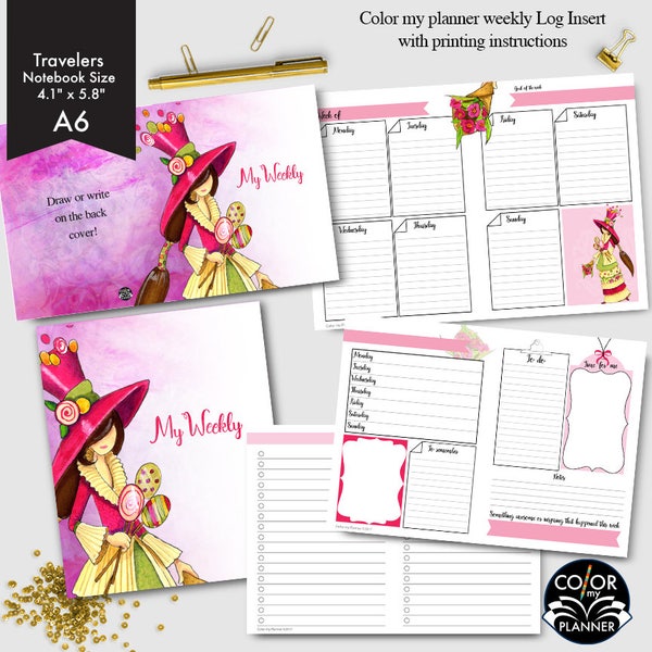 A6 size Weekly Printable, Enna Girl Andrea Weekly Plan Printable Planner Insert.  CMP-244.1