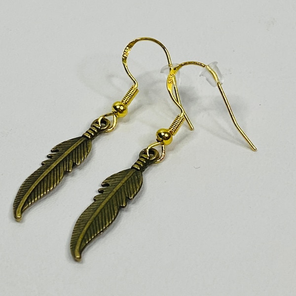 Bronze Copper Gold Feather Earrings Hypoallergenic Wire Hooks with Rubber Backing Lead/Nickel Free