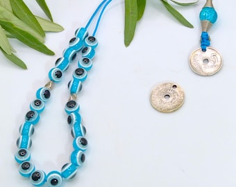 Greek Evil Eye Komboloi, Lucky Pentara Coin Replica, Blue Worry Beads