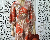 Vintage 70s handmade Asian patchwork print prairie style angel sleeve dress