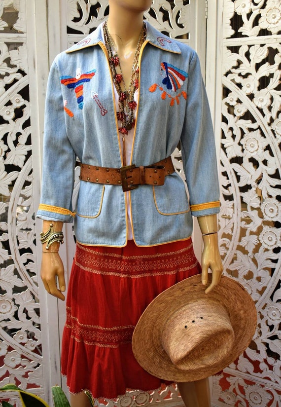 Rare Vintage 70s southwest hand embroidered denim… - image 1