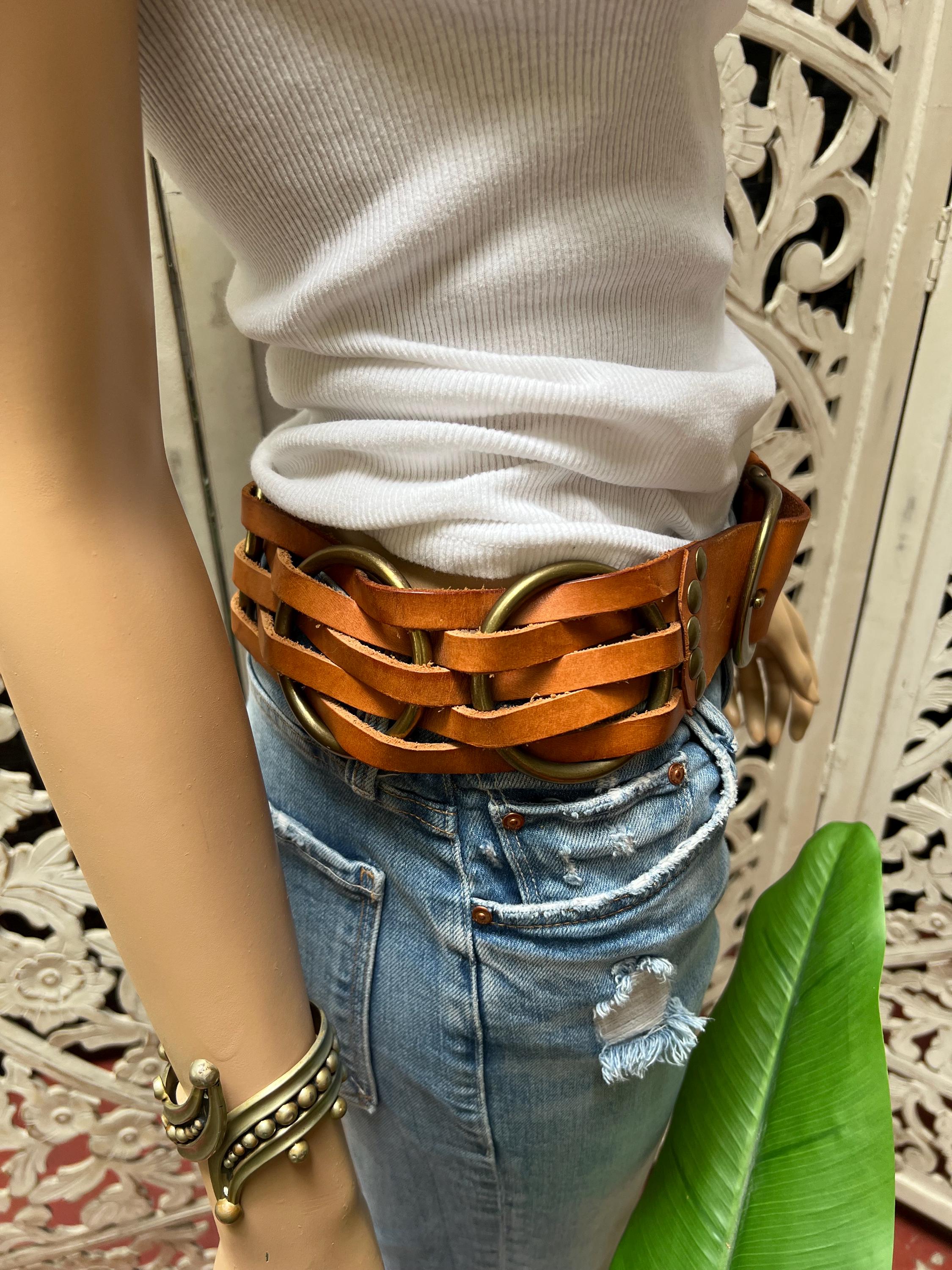 Linea Pelle Cognac Wide Leather Belt With Brass Conchos Waist Belts for Women | Linea Pelle main image 4