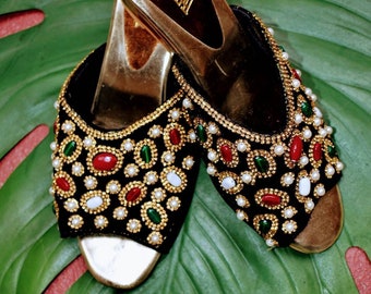 Vintage 60s/ 70s metallic jewel encrusted hostess shoes. Made in India