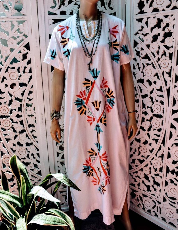 1970s hand embroidered cotton kaftan dress - image 6