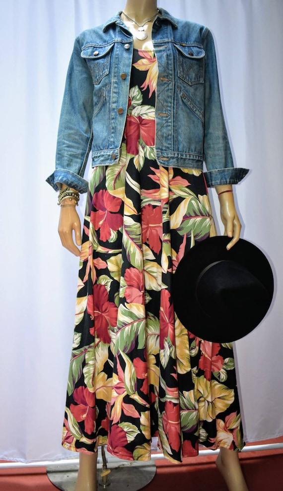 90s cotton knit maxi dress with tropical barkcloth