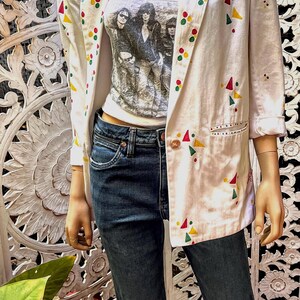 Handpainted Red, Yellow, Green Geometric print Oversized Vintage 80s blazer size M