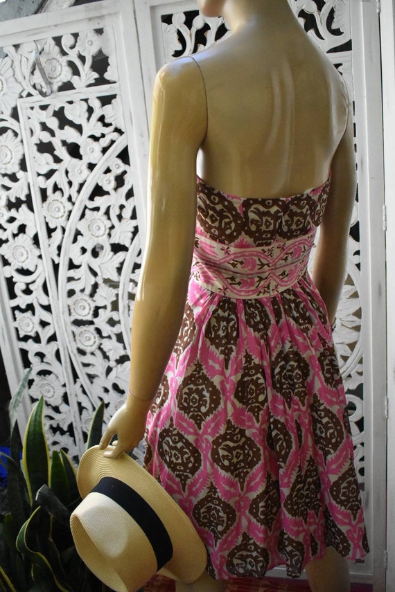 Vintage 90s does 50's strapless block print dress - image 6