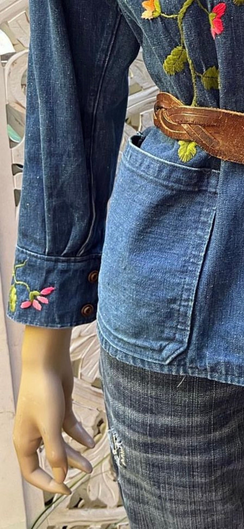 vintage 1970s embroidered denim chore jacket with pockets. Best fits S to M. Embroidery at chest and cuffs. image 5