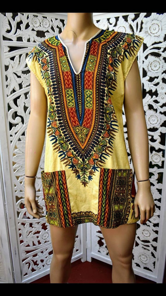 Vintage 70's Dashiki print  cap sleeve tunic dres… - image 1