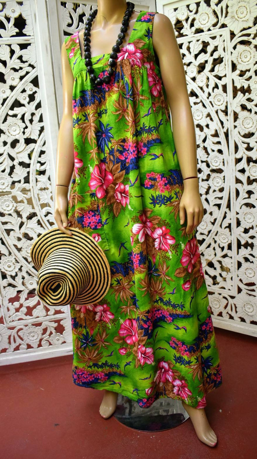 Vintage Navy Hawaiian Print Style Dress M/L