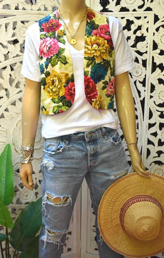 Vintage 60s/ 70s bark cloth floral vest