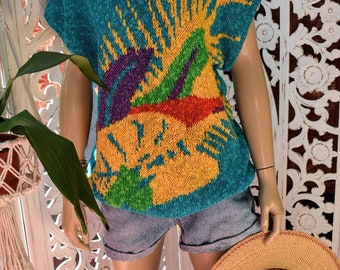 Vintage 80s Hand Knit tropical print sweater size L