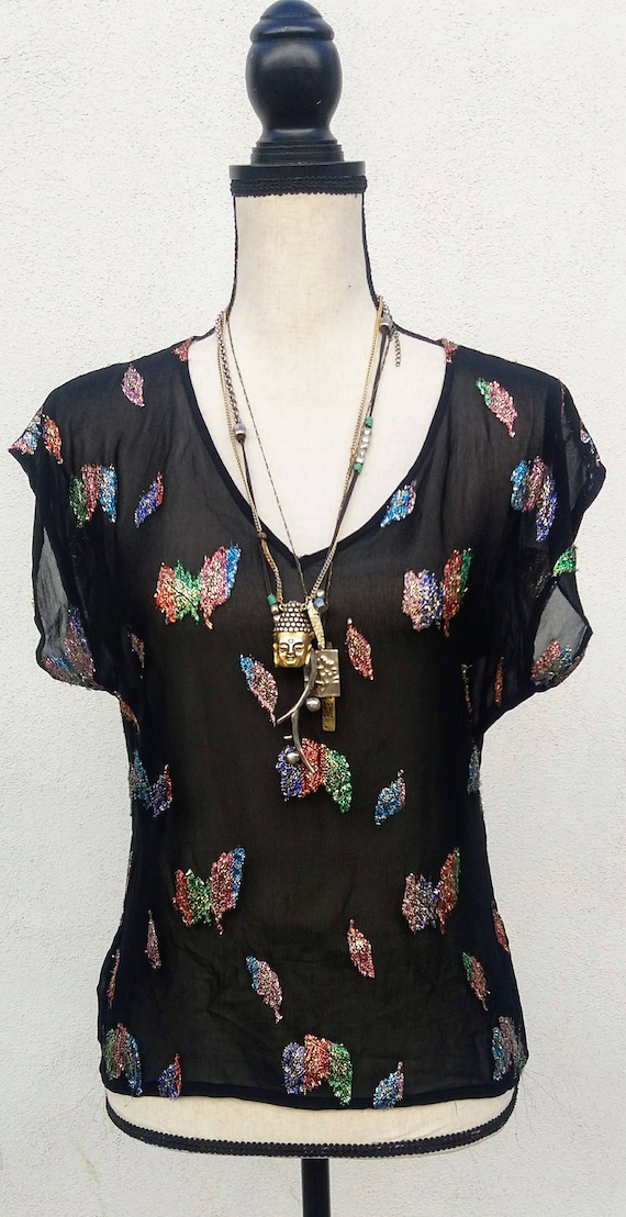 ViNtAgE 1970's/ 80's sheer black blouse with metal