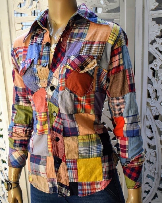 RARE true 70s patchwork madras shirt with western