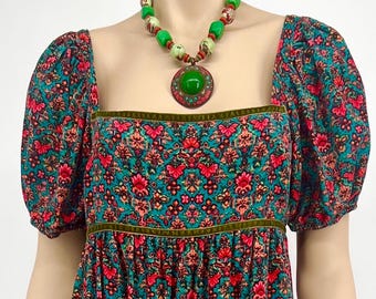 Vintage Corduroy Floral Empire Waist Dress – Renaissance Vibes, Velvet Trim (Size S)