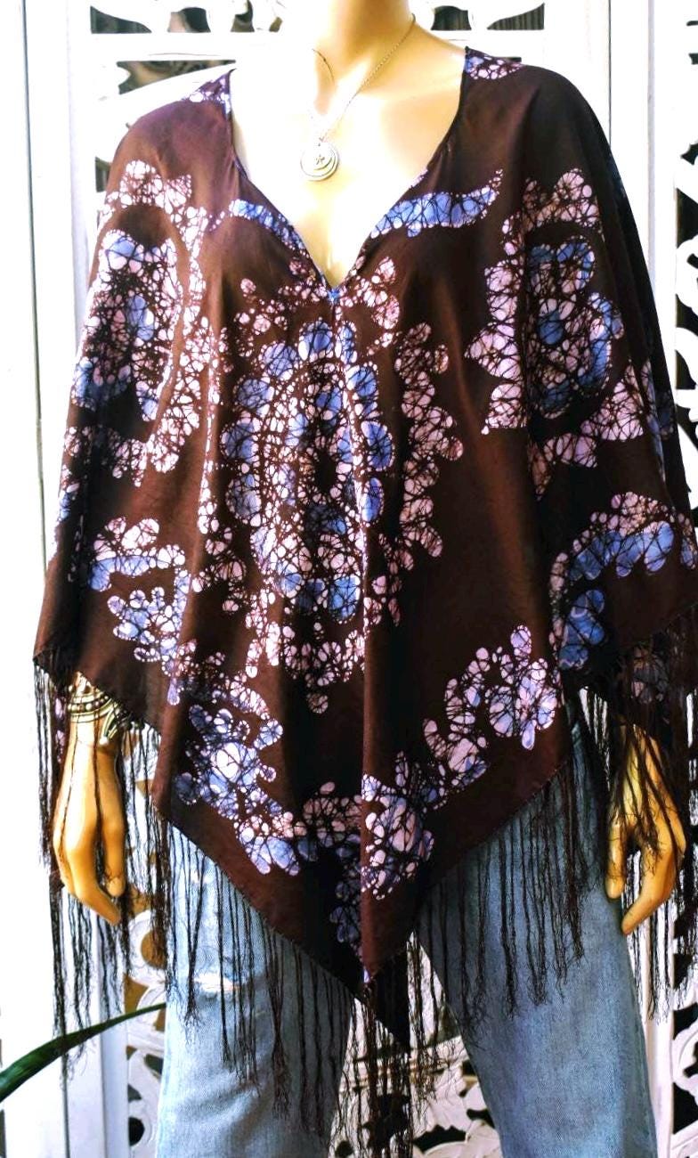 Vintage 1970s Silk Fringe Poncho - Hand Dyed Batik Print