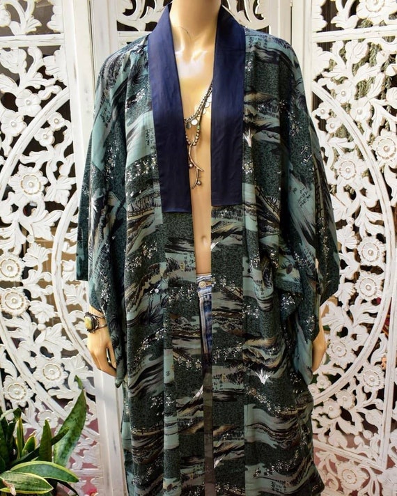 Vintage 70s/80s sage green kimono duster One Size - image 3