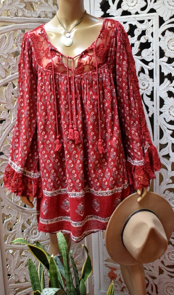 Vintage Free People block print a line babydoll d… - image 2