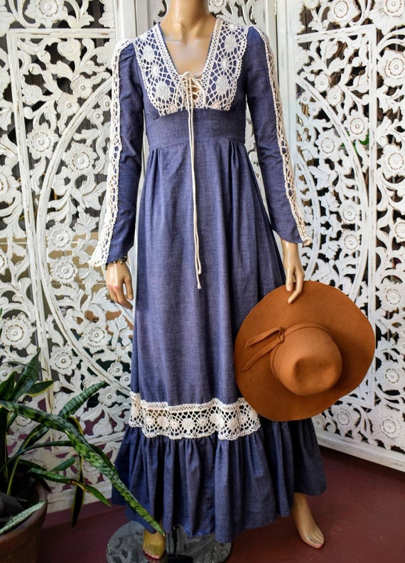 Vintage 1970s Gunne Sax chambray and crochet maxi