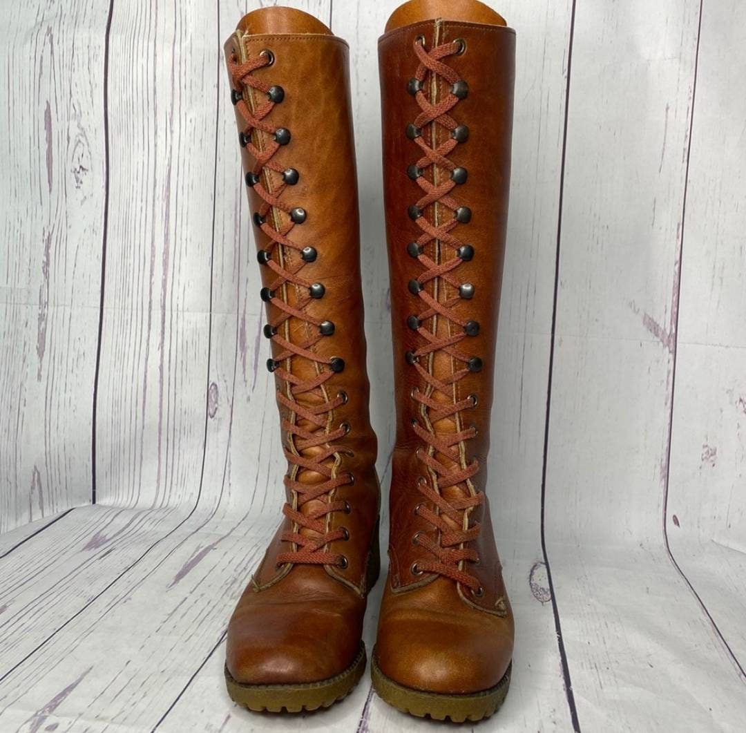 Bad Ass Vintage 70's Cognac Leather Lace up Campus Boots 