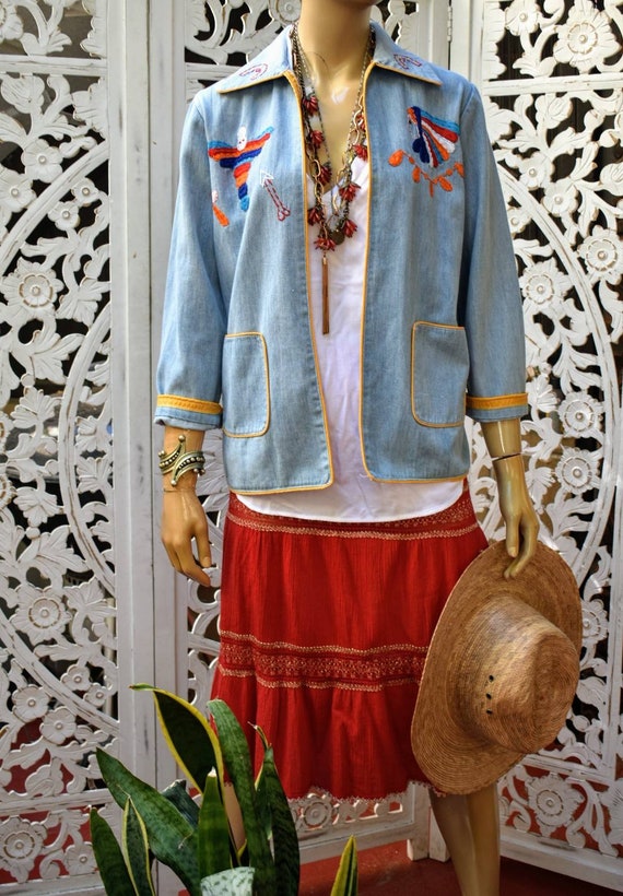 Rare Vintage 70s southwest hand embroidered denim… - image 3