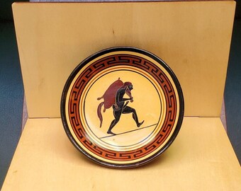 Vintage Handmade Warrior with Boar on Back Decorative Plate Replica by D. VASSILOPOULOS Ancient Greek Pottery