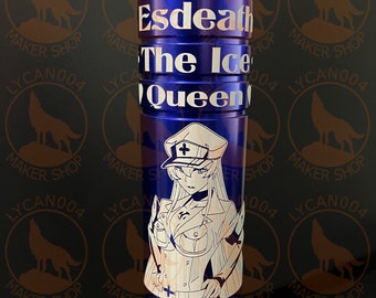 May include: A blue metal tumbler with a white design featuring a character with a white hat and a white cross on it. The text "Esdeath The Ice Queen" is printed on the tumbler.