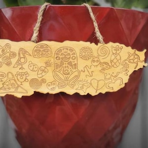 Puerto Rico Map silhouette with laser-engraved Taino hieroglyphs wood wall décor