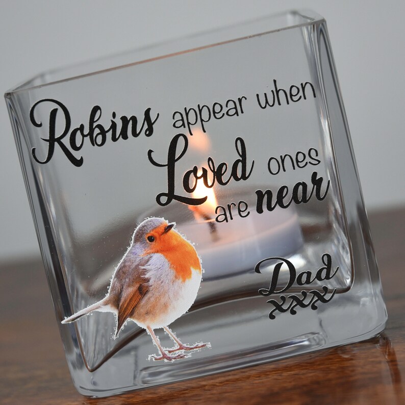 Personalised Robin Memorial Glass Tea Light Holder Condolence Etsy UK