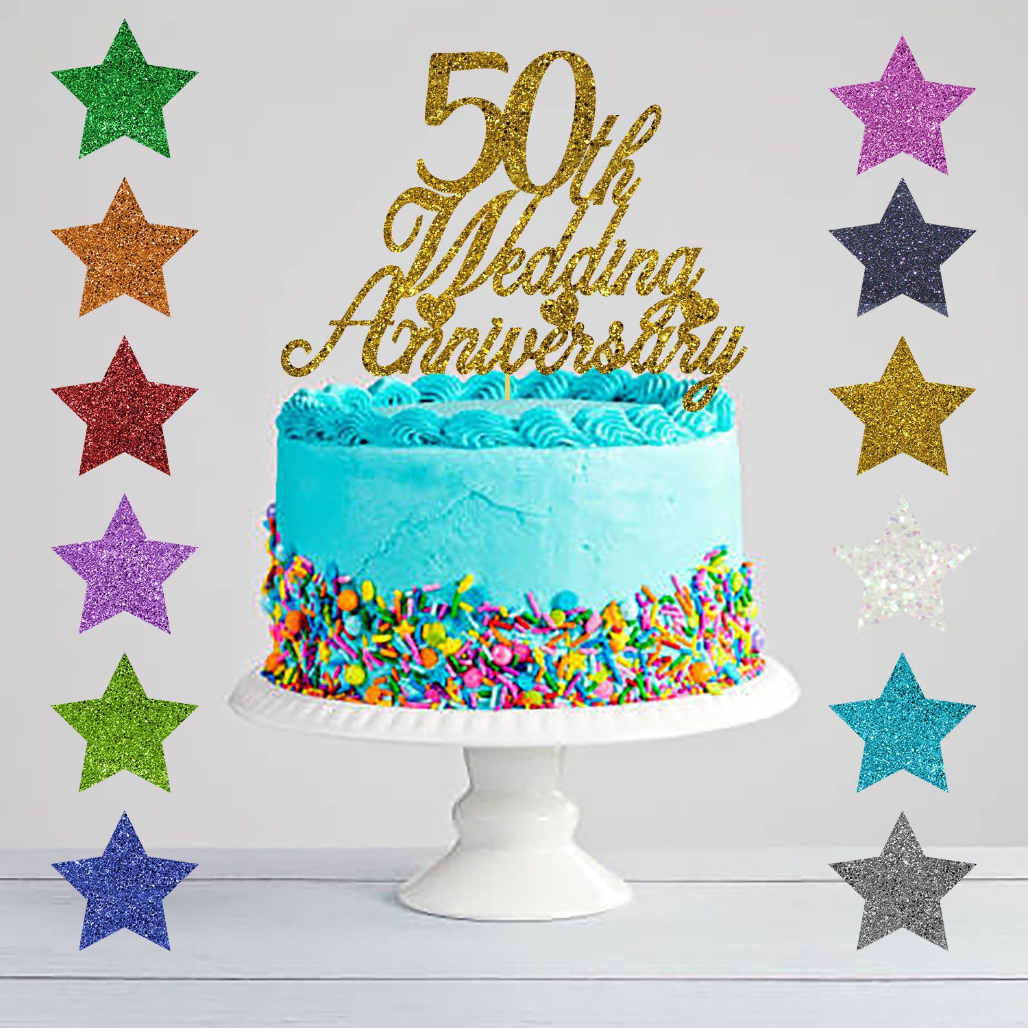 50th Wedding Anniversary Glitter Cake Topper Golden Etsy