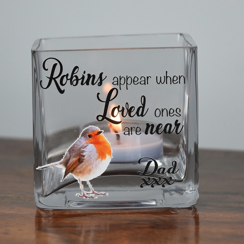 Personalised Robin Memorial Glass Tea Light Holder Condolence Etsy UK