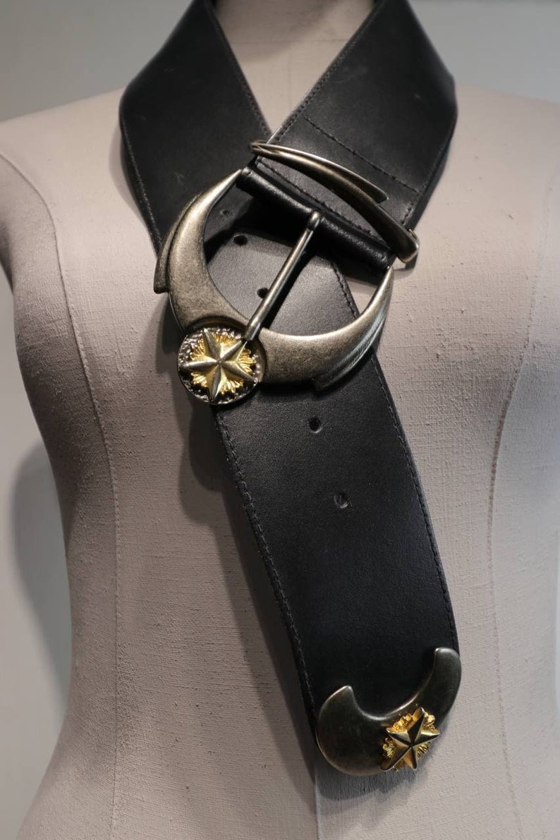 Black vintage belt 90s vintage belt Waisted genuine leather belt Gold buckle belt 80s black belt