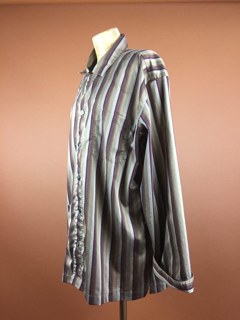 Print Cotton 1980/'s Vintage Blouse Striped Brown Beige Shirt Slouchy Large Oversized WomenTop Long Sleeves Buttons Up Minimalist Secretary