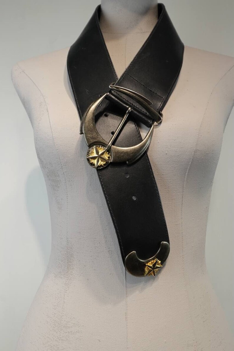 Black vintage belt 90s vintage belt Waisted genuine leather belt Gold buckle belt 80s black belt