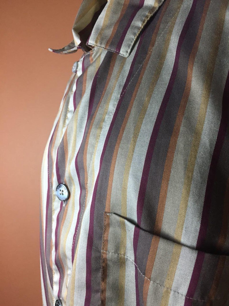 Print Cotton 1980/'s Vintage Blouse Striped Brown Beige Shirt Slouchy Large Oversized WomenTop Long Sleeves Buttons Up Minimalist Secretary