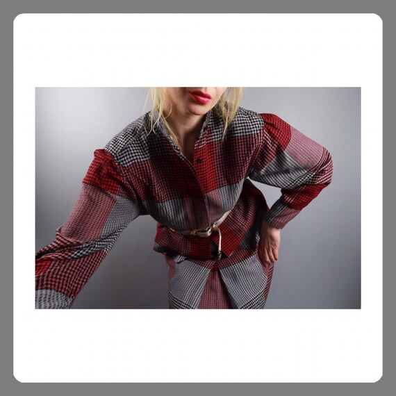Wool skirt Suit Grey Red Checkered 90s Vintage S M