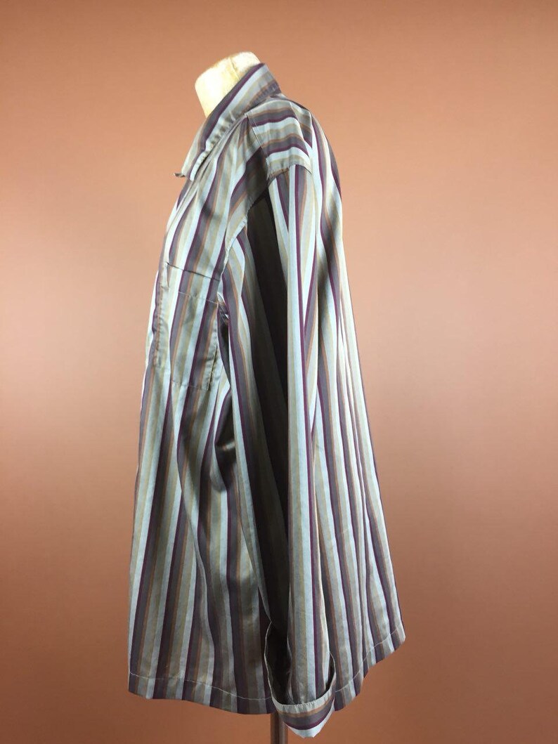 Print Cotton 1980/'s Vintage Blouse Striped Brown Beige Shirt Slouchy Large Oversized WomenTop Long Sleeves Buttons Up Minimalist Secretary