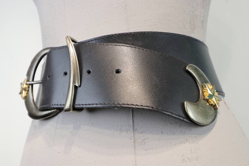 Black vintage belt 90s vintage belt Waisted genuine leather belt Gold buckle belt 80s black belt
