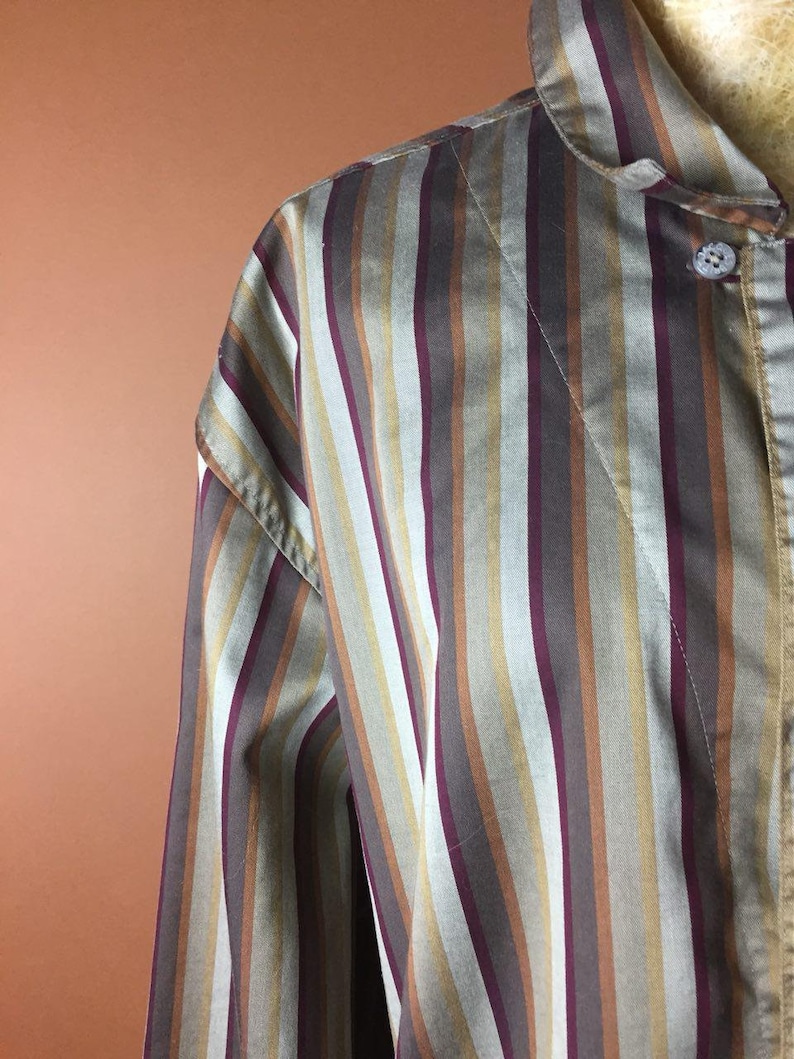 Print Cotton 1980/'s Vintage Blouse Striped Brown Beige Shirt Slouchy Large Oversized WomenTop Long Sleeves Buttons Up Minimalist Secretary