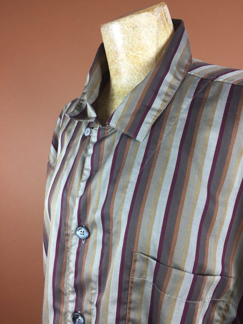 Print Cotton 1980/'s Vintage Blouse Striped Brown Beige Shirt Slouchy Large Oversized WomenTop Long Sleeves Buttons Up Minimalist Secretary