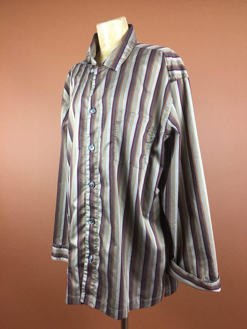 Print Cotton 1980/'s Vintage Blouse Striped Brown Beige Shirt Slouchy Large Oversized WomenTop Long Sleeves Buttons Up Minimalist Secretary