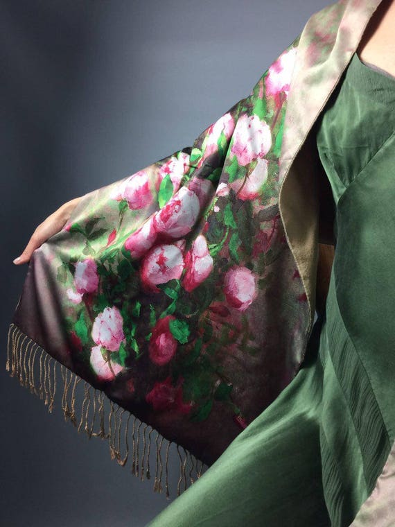 SILK vintage scarf Floral flower print shawl 1990s
