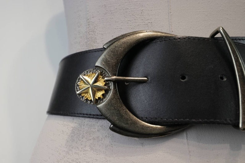Black vintage belt 90s vintage belt Waisted genuine leather belt Gold buckle belt 80s black belt