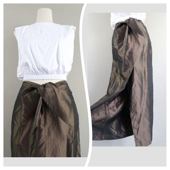 Pure SILK vintage skirt Olive green brown Maxi ski