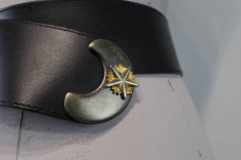Black vintage belt 90s vintage belt Waisted genuine leather belt Gold buckle belt 80s black belt