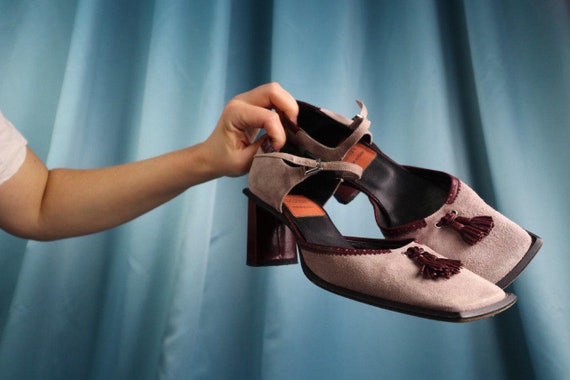 Leather Shoes Bow Vintage 80s Square Toe