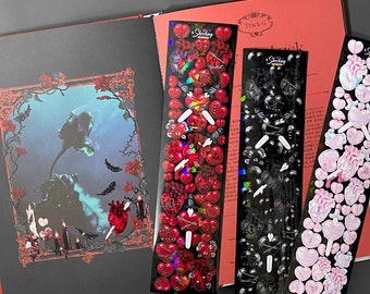May include: Three colorful sticker sheets with different designs. The first sheet features red hearts with a holographic finish, the second sheet features black hearts with a holographic finish, and the third sheet features pink hearts with a holographic finish.