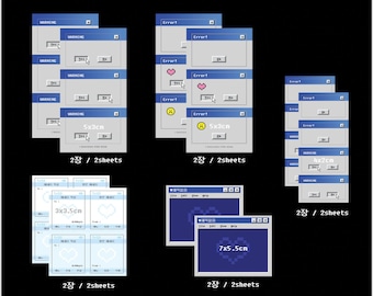 May include: A digital image of a computer screen showing a collection of blue and white error message stickers. The stickers are in various sizes and feature different error messages, including "Warning", "Error", and "5x3cm". The stickers are arranged in rows and columns on the screen, and the text "2장 / 2sheets" appears below each row.